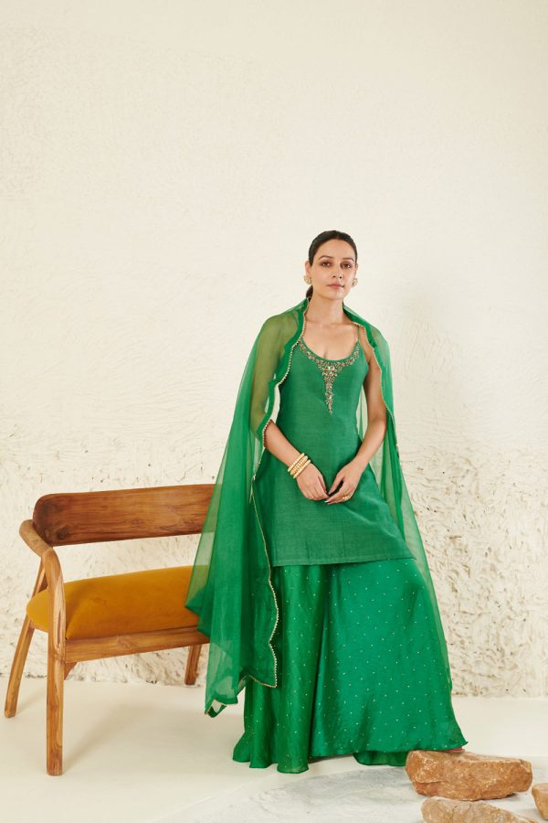 Green Embroidered Garara Set For Cheap