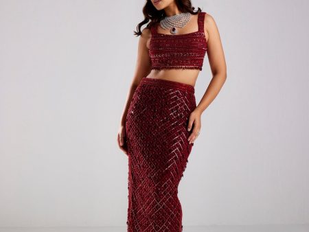 MARSALA RED FLORAL EMBROIDERED TASSEL DETAILED BLOUSE WITH HEAVILY EMBELLISHED TASSEL DETAILED PENCIL SKIRT WITH TASSEL DETAILED DUPATTA Discount