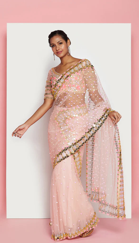 BARELY BLUSH - BLUSH PINK EMBELLISHED SAREE SET For Discount