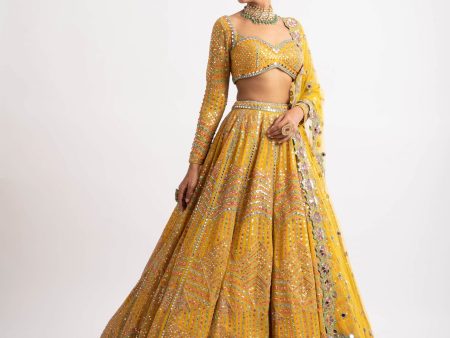 Yellow V Neck Heavy Multi Color Lehenga Set Cheap