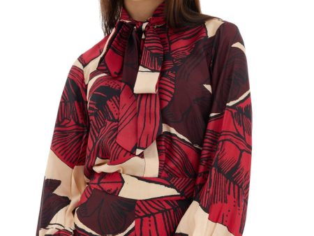 Off White, Red & Brown Floral Bow Shirt Hot on Sale