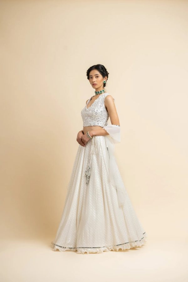 WHITE GEORGETTE LEHEHNA WITH TULLE CHOLI AND DUPATTA For Discount