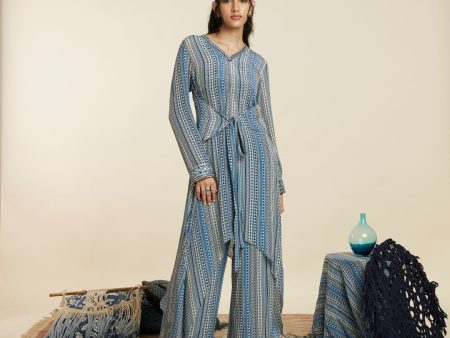 BLUE BOHO STRIPE FRONT TIE UP TUNIC SET For Cheap