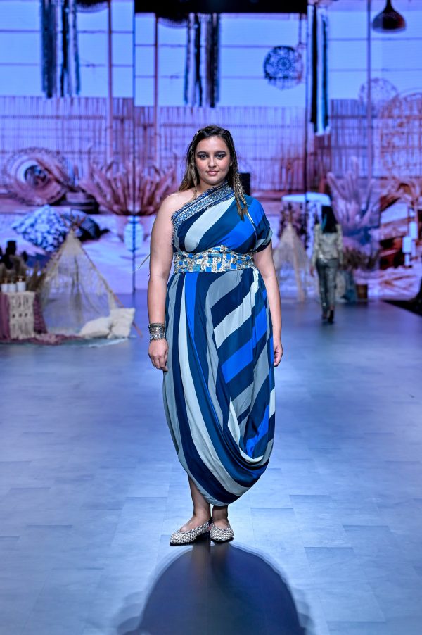 BLUE STRIPE PRINT ONE SHOULDER COWL DRESS WITH OBI BELT Fashion