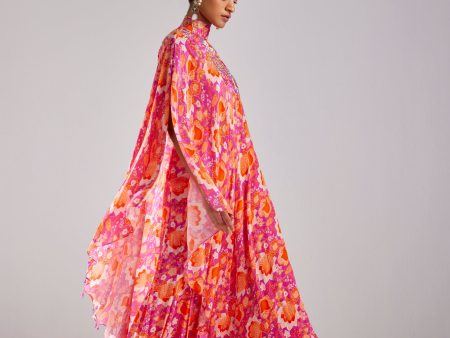 FUSCHIA PINK KAFTAN WITH PRINTED BUSTIER AND PRINTED FLARED SHARARA PANTS Online