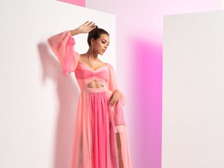 Fondant pink long dress with sleeve tie-up and front slit in skirt Hot on Sale