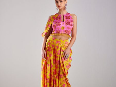 FUSCHIA PINK HIGH NECK CROP TOP AND YELLOW COWL WITH YELLOW  DHOTI SKIRT Online now