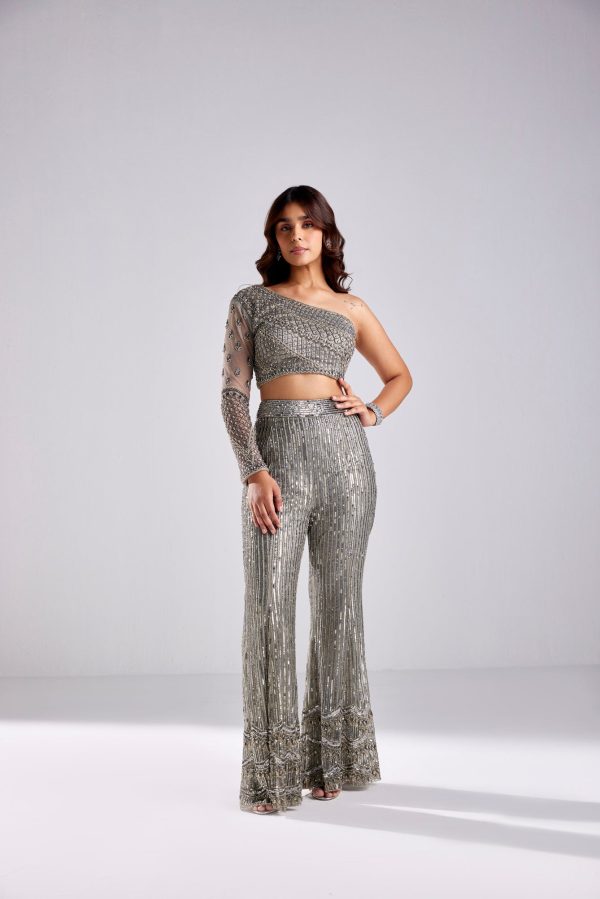 GREY SMALL SCALLOP MIX  OFF SHOULDER CROP TOP WITH PANTS on Sale