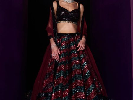 Deep Maroon Organza Lehenga Set Sale