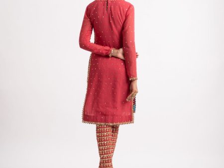 Deep Coral V Neck Heavy Pant Kurta Set For Discount