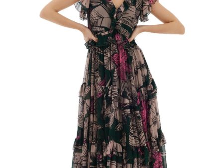 Dark Green, Beige & Pink Floral Midi Dress Online Sale