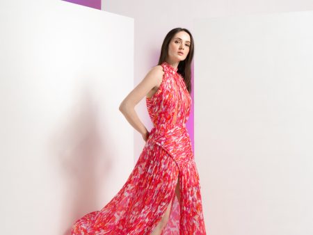 Pink geometric chaos full length dress with stylized back For Cheap