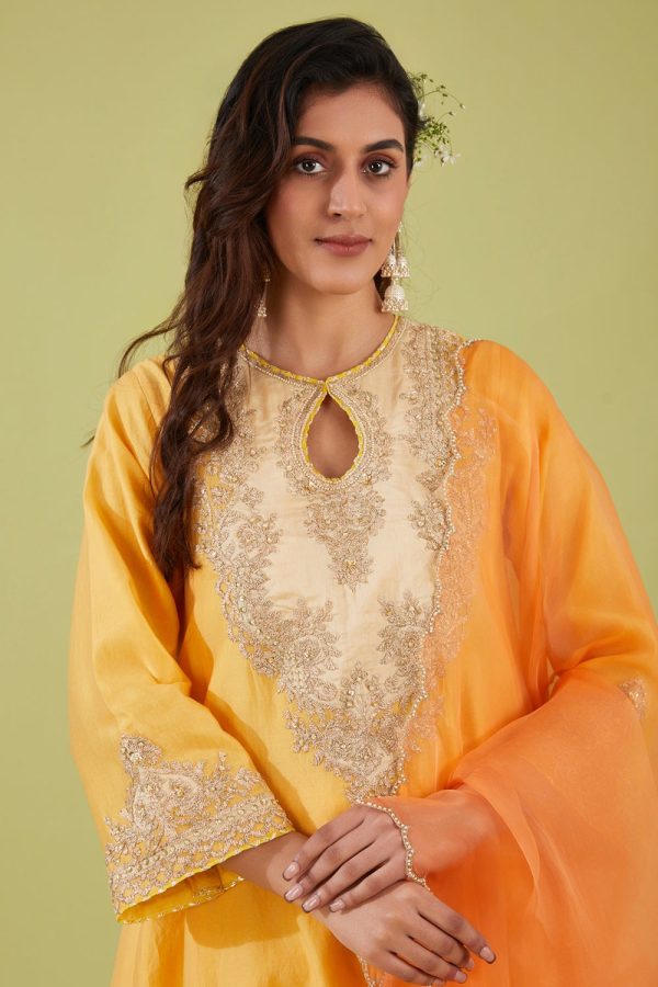 Yellow Short Kalidar Kurta With Salwar And Peach Dupatta Hot on Sale