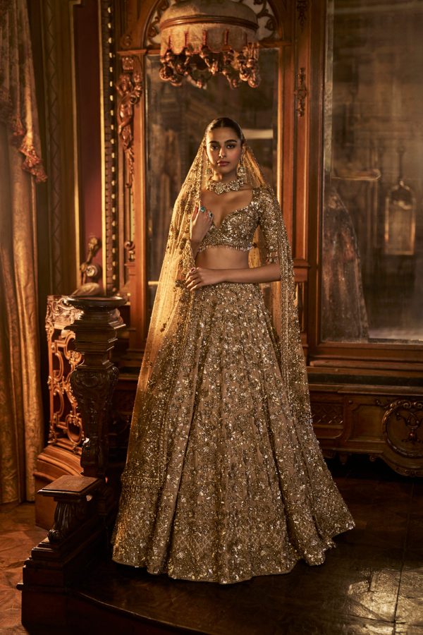 Antique Gold Tissue Lehenga Set For Cheap