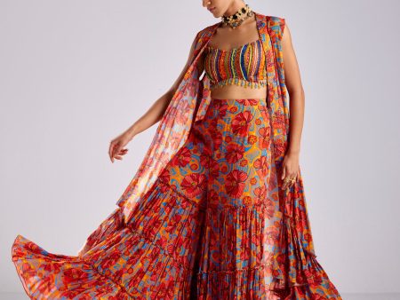 RUST STRIPE PRINT GHARARA PANTS AND SHORT-LONG CAPE Online now