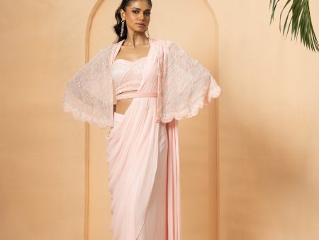 Baby Pink Pre-Stitched Drape Saree With Cape Online Hot Sale