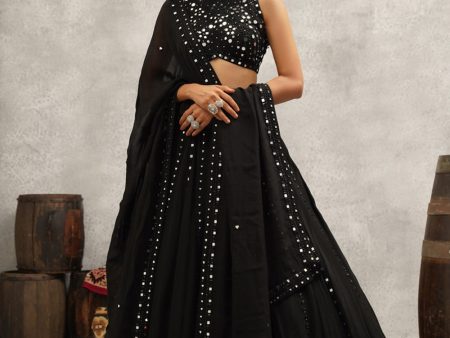 Black Mirror Work Embroidered Lehenga Set For Discount