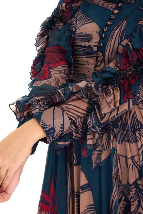 Blue, Orange & Red Floral Frill Long Dress Cheap