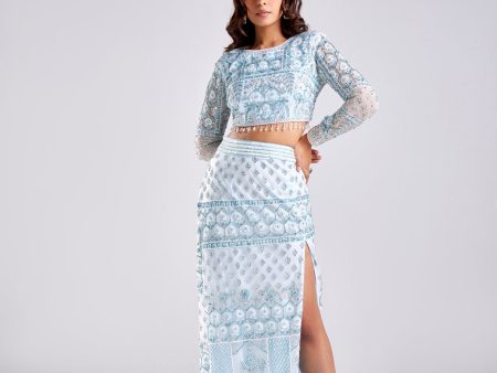 POWDER BLUE FLORAL AND GEOMETRIC MOTIF OPEN TRAIL SKIRT Online