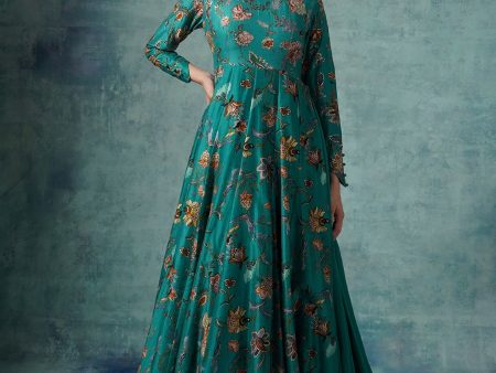 A Green Cotton Silk Anarkali Gown With Attached Cotton Slip And Organza Dupatta Supply