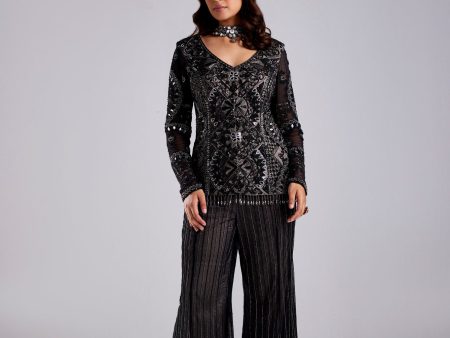 BLACK WITH GUN-METAL SPIRAL EMBROIDERED JACKET WITH EMBROIDERED PANTS For Discount