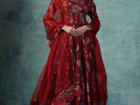 A Red Cotton Silk Anarkali Gown With Attached Cotton Slip And Organza Dupatta Online now