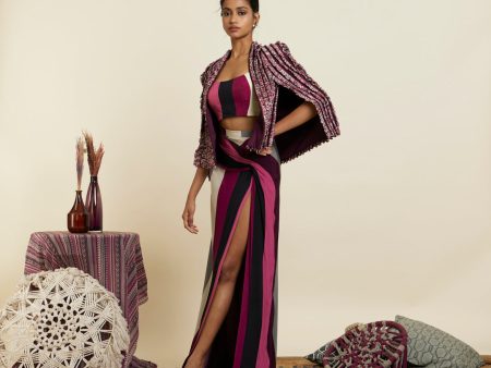 TEXTURED NOOR JACKET WITH MERLOT STRIPE PRINT BUSTIER SIDE SLIT SKIRT Online now