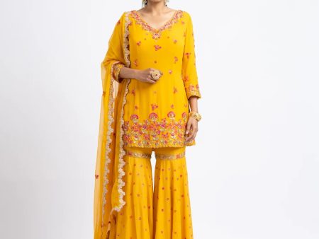 Mustard Georgette Garara Set With Net Dupatta Online Hot Sale