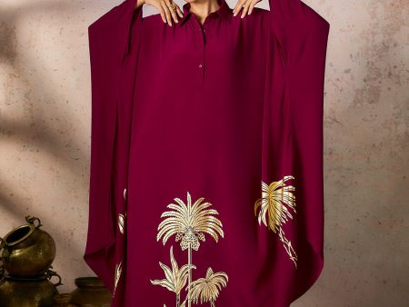 Cranberry Palm Foil Print Kaftan For Cheap