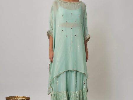 Mint Sequin, Mirror And Thread Embroidered Georgette Kaftan And Sharara Set For Discount