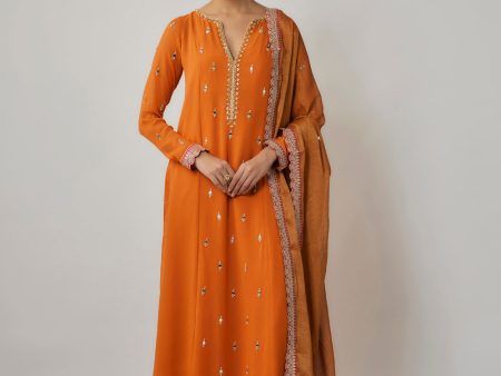 Saffron Orange Mirror, Sequin And Thread Embroidered Georgette Suit Set on Sale