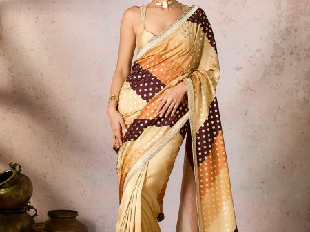 Beige Stripe Foil Saree For Sale