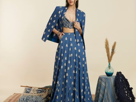 BLUE EMBELLISHED DENIM LEHENGA WITH TEXTURED BUSTIER AND JACKET For Cheap