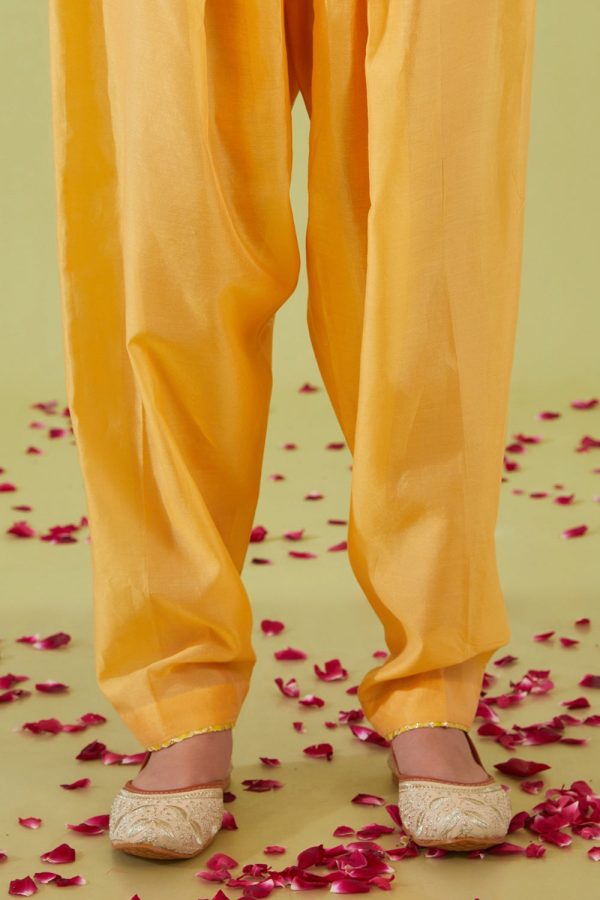 Yellow Short Kalidar Kurta With Salwar And Peach Dupatta Hot on Sale