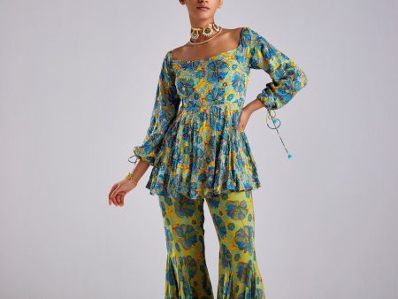 BLUE FLORAL DETAILED PEPLUM WITH GODET PANTS Supply