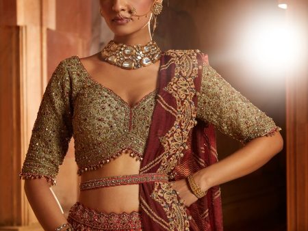 RUST TAFETTA LEHENGA WITH OLIVE CHOLI, MAROON TISSUE DUPATTA AND BELT Online Hot Sale