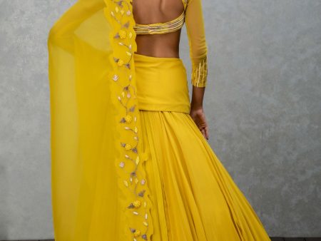 Citrine yellow georgette and organza lehenga set For Cheap