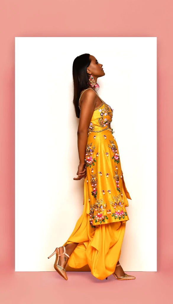 BUGGERED - MUSTARD YELLOW EMBELLISHED DHOTI JUMPSUIT For Discount