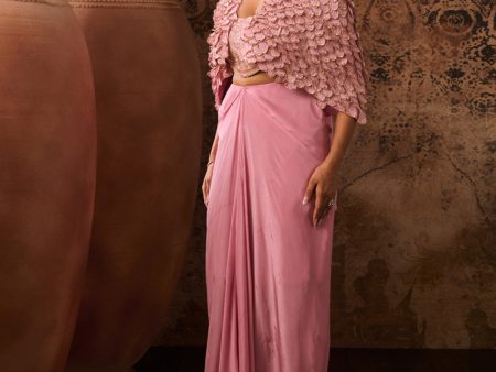 Onion Pink Embroidered Jacket With Embroidered Bustier With Drape Skirt Fashion