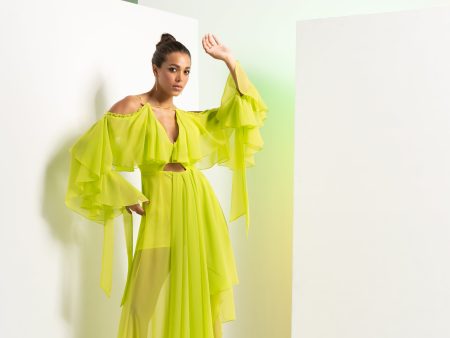 Lime green asymmetric dress with cascade sleeve Hot on Sale