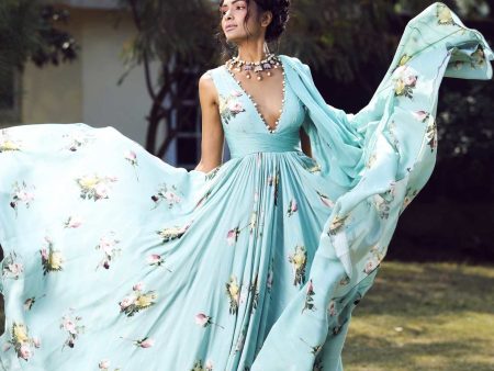 Aquamarine neck peral finished printed anarkali set Online