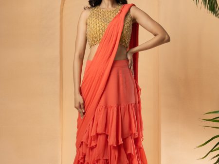 Peach Embroidered Pre-Stitched Drape Ruffle Saree Online Hot Sale