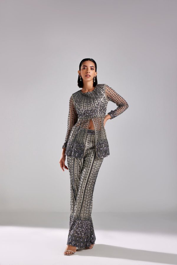 GREY WITH GUN-METAL MIX FULL SLEEVES PEPLUM WITH PANTS Hot on Sale