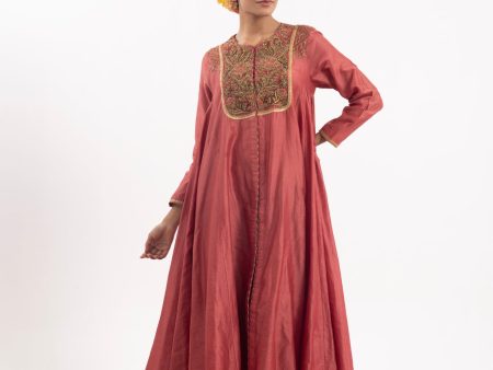 One-Piece Kalidaar Set In Dark Coral Cotton Silk Cheap