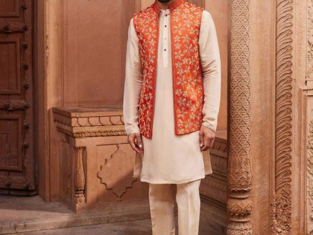 Rust Floral Nehru Jacket Set Fashion