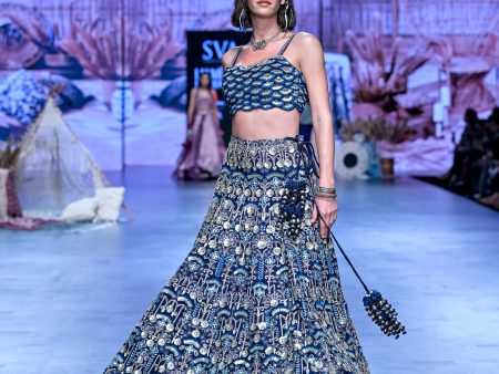 BLUE SCALLOP APPLIQUE BUSTIER PAIRED WITH ART DECO LEHENGA AND DUPATTA For Cheap