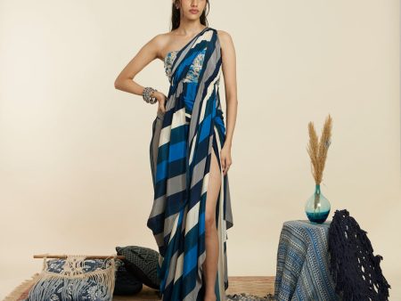 BLUE STRIPE PRINT EMBELLISHED SAREE DRAPED GOWN Fashion