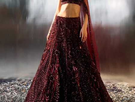 Deep Wine Net Lehenga Set on Sale