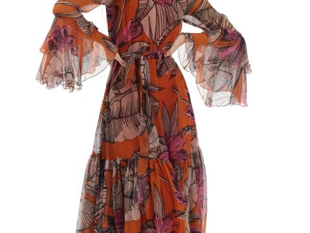 Orange & Beige Floral Midi Dress For Cheap