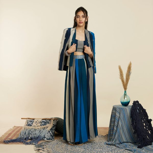 BLUE STRIPE PRINT NOOR JACKET SET Online Sale